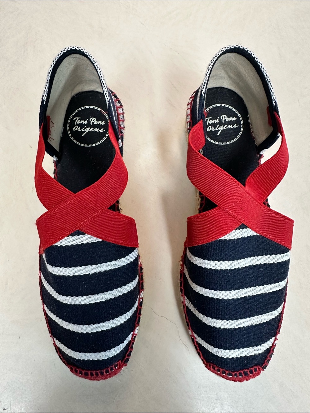 Toni Pons Origens Navy Stripe Espadrilles with Red Cross Straps